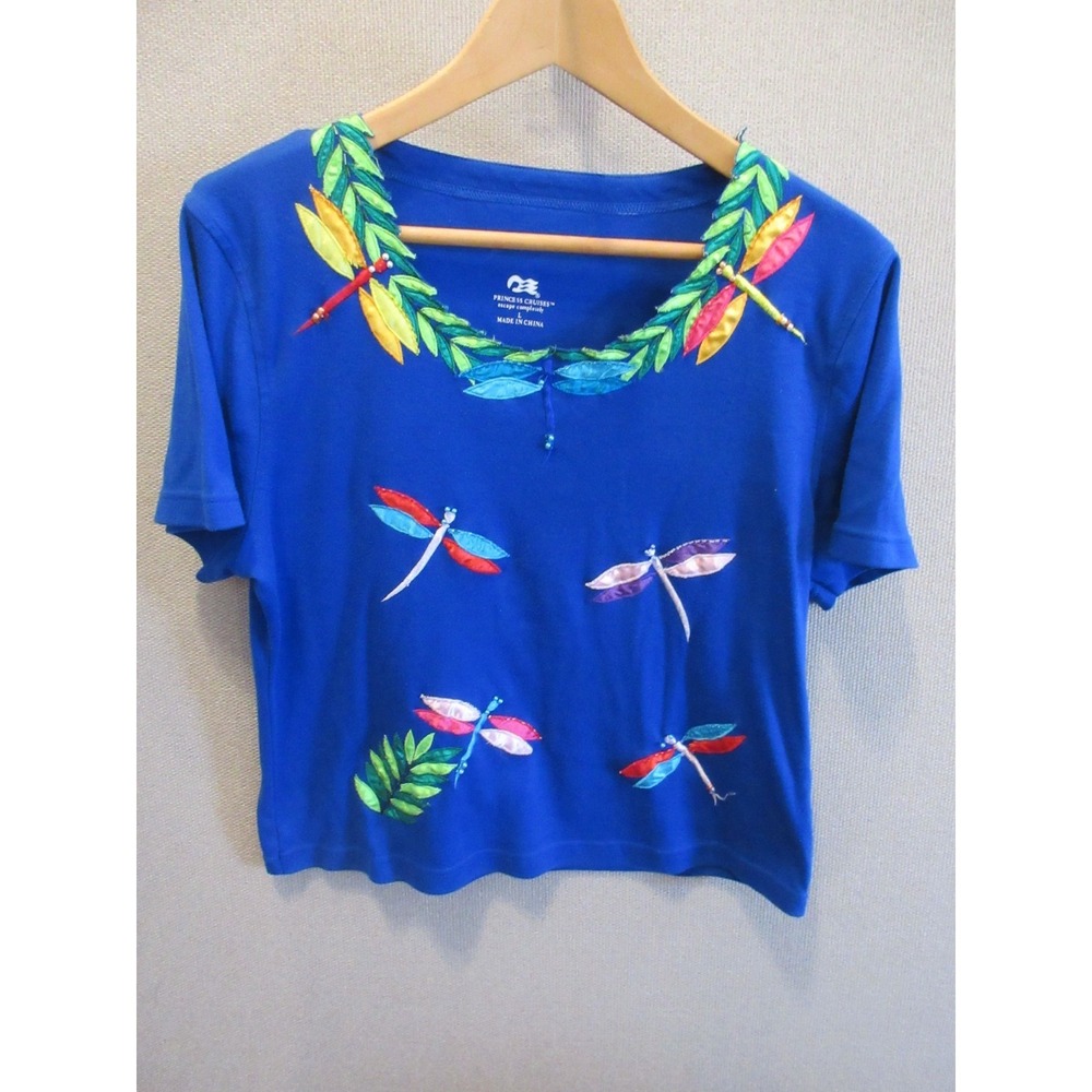 Princess Cruises Womens L Blue knit t-shirt Satin Applique & Beads Dragonfly